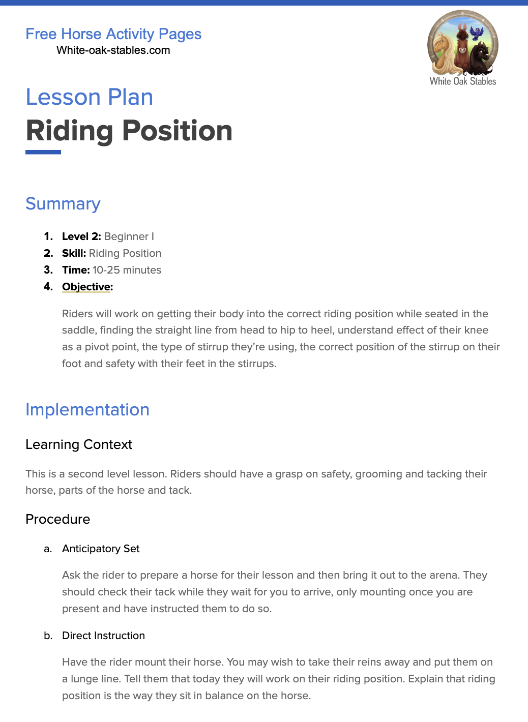 Lesson Plan – Riding Position