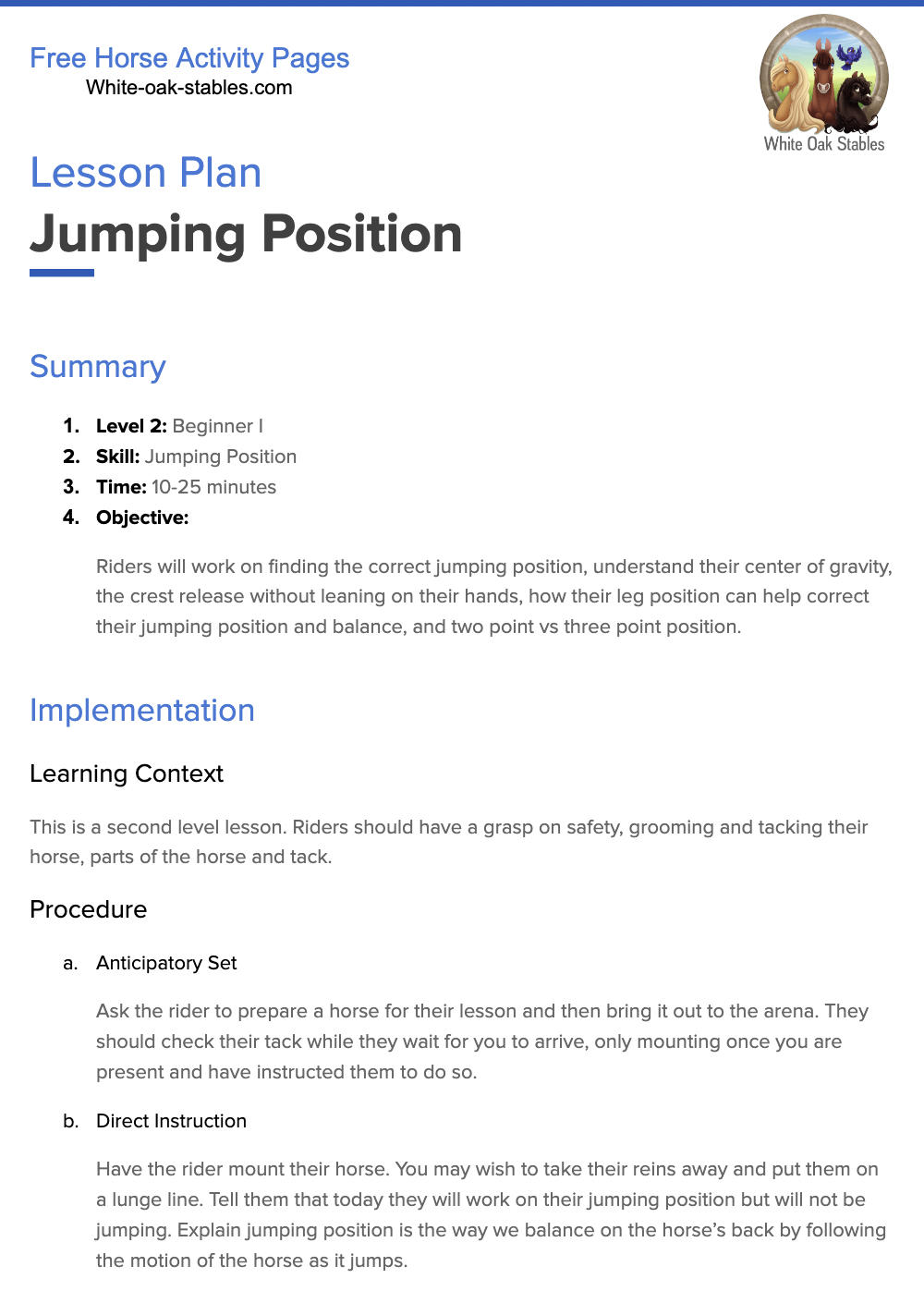 Lesson Plan – Jumping Position