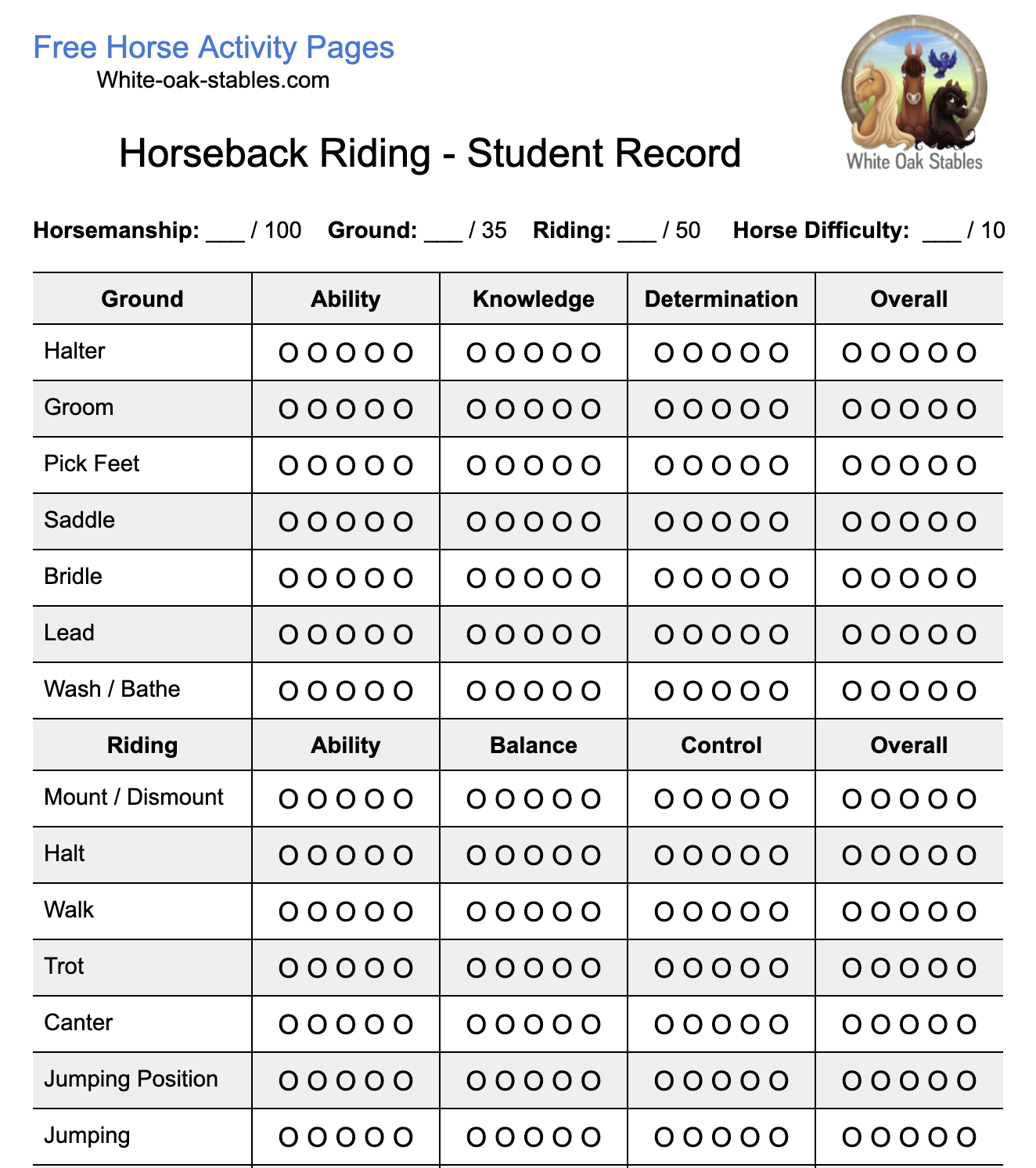 Student Horseback Riding Lesson Record