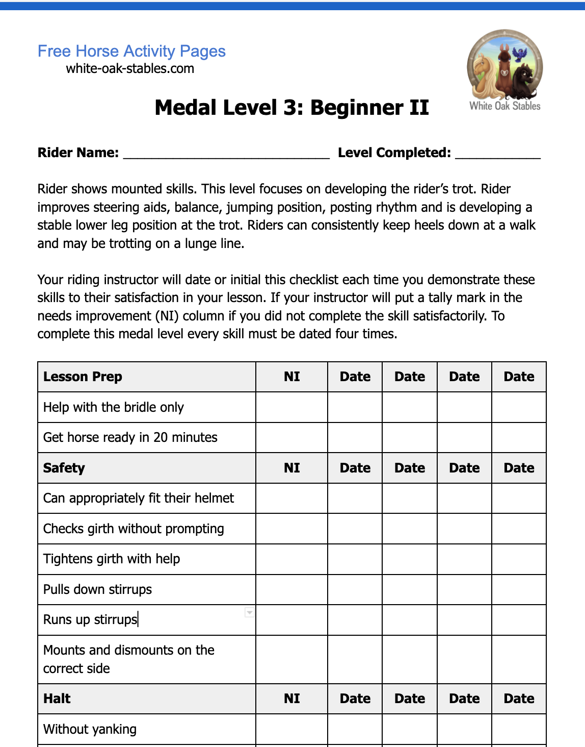 Rider Medals –  Level 3: Beginner II Checklist
