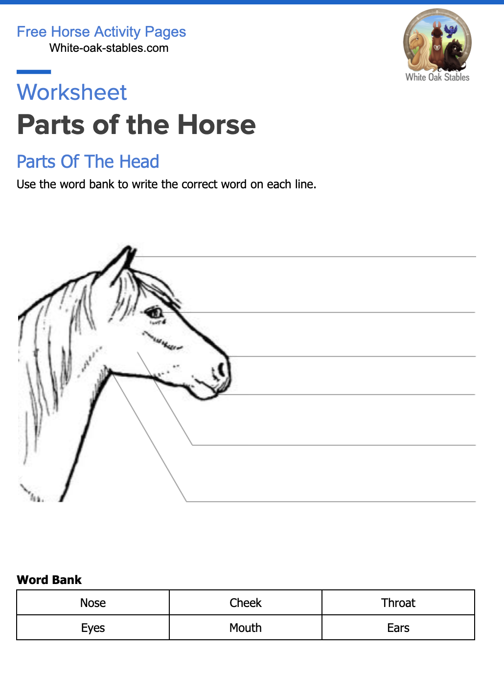 Worksheet – Parts of the Horse
