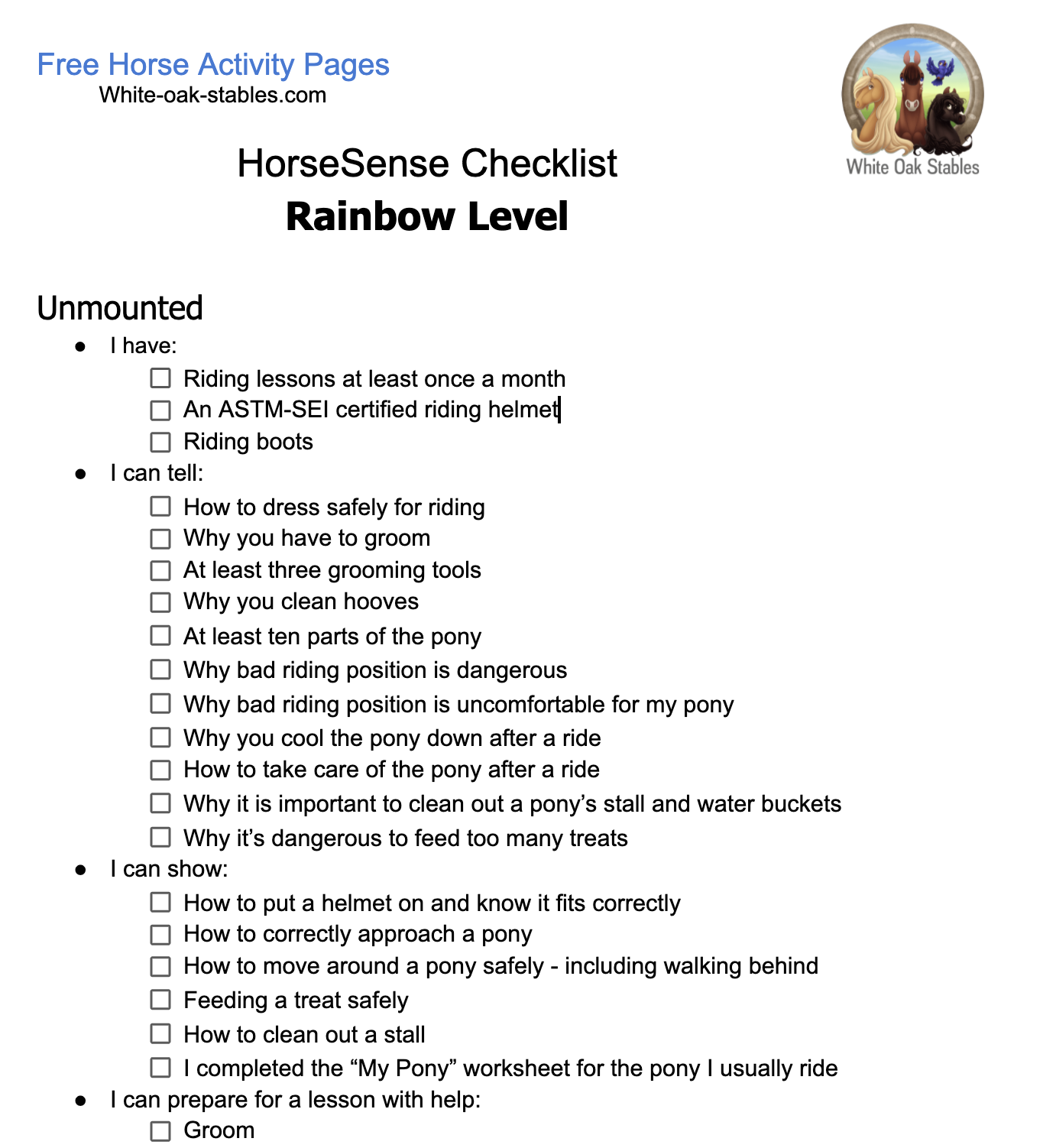 HorseSense Levels Checklist