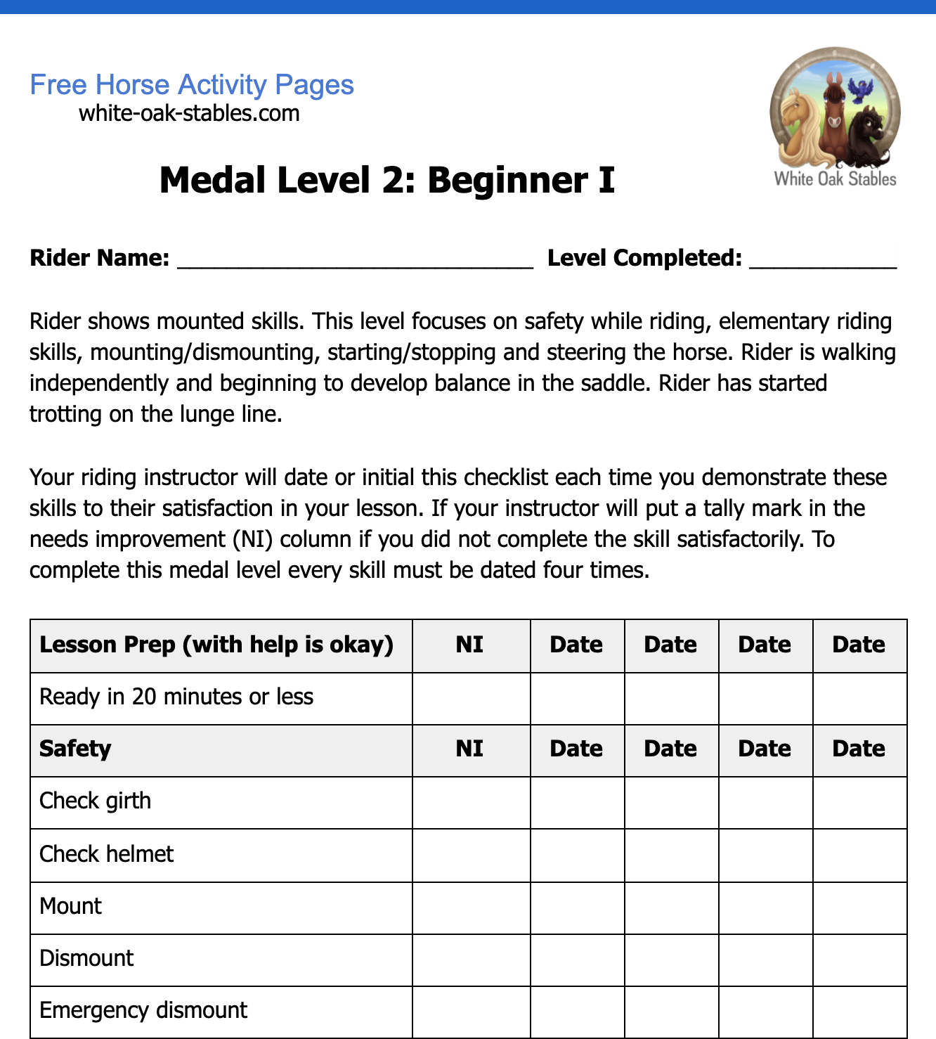 Rider Medals –  Level 2: Beginner I Checklist