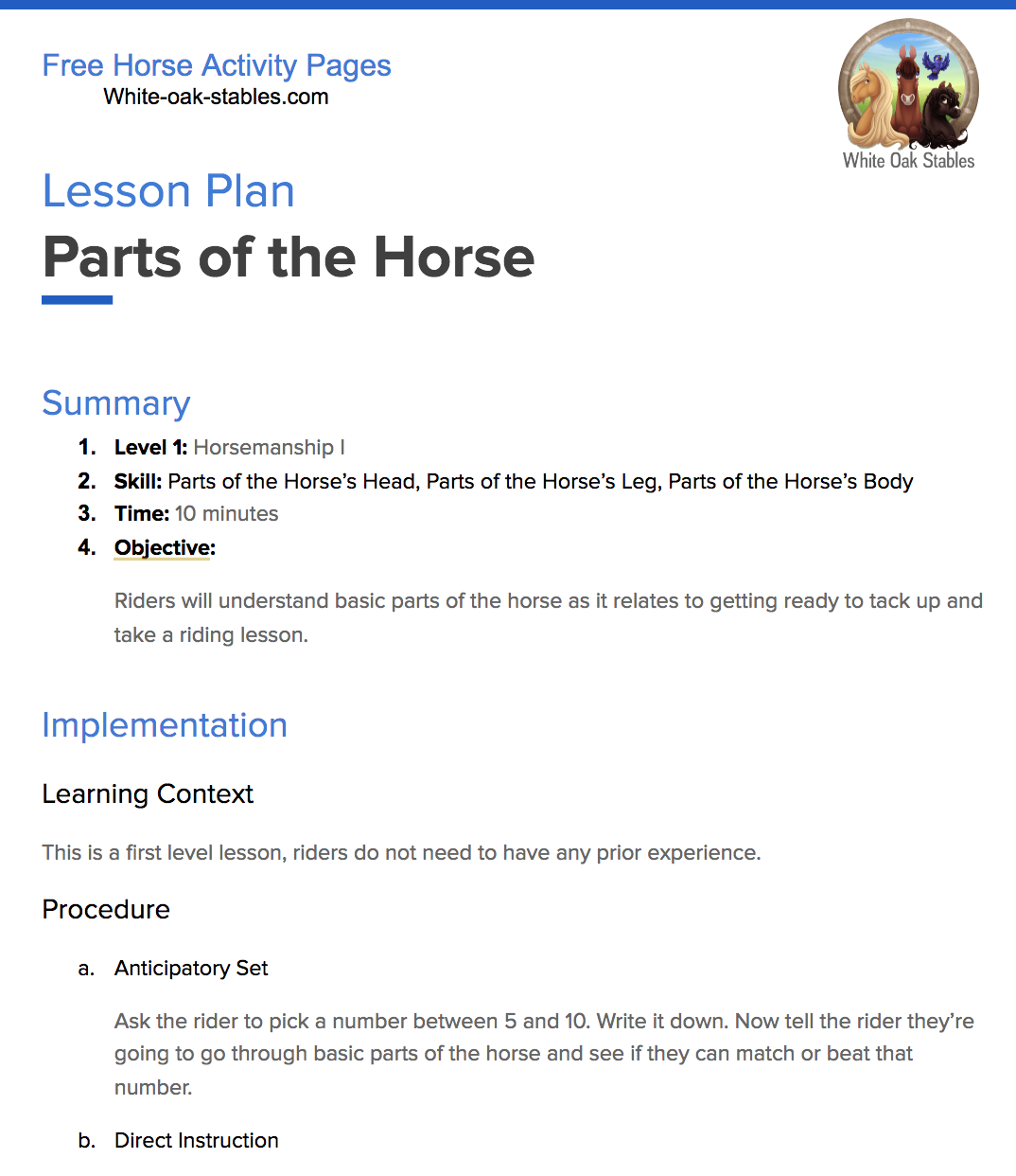 Lesson Plan – Parts of the Horse