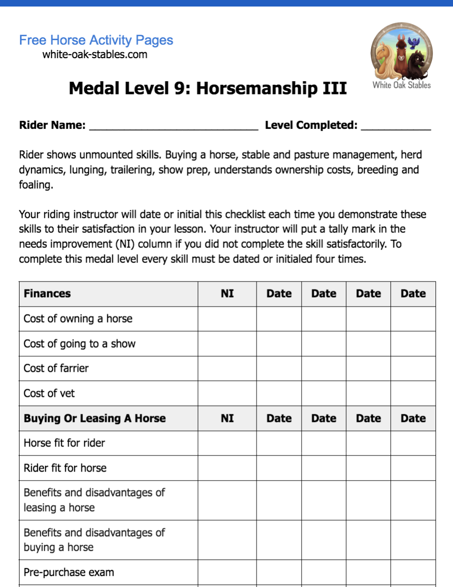 Rider Medals – Level 9: Horsemanship III Checklist