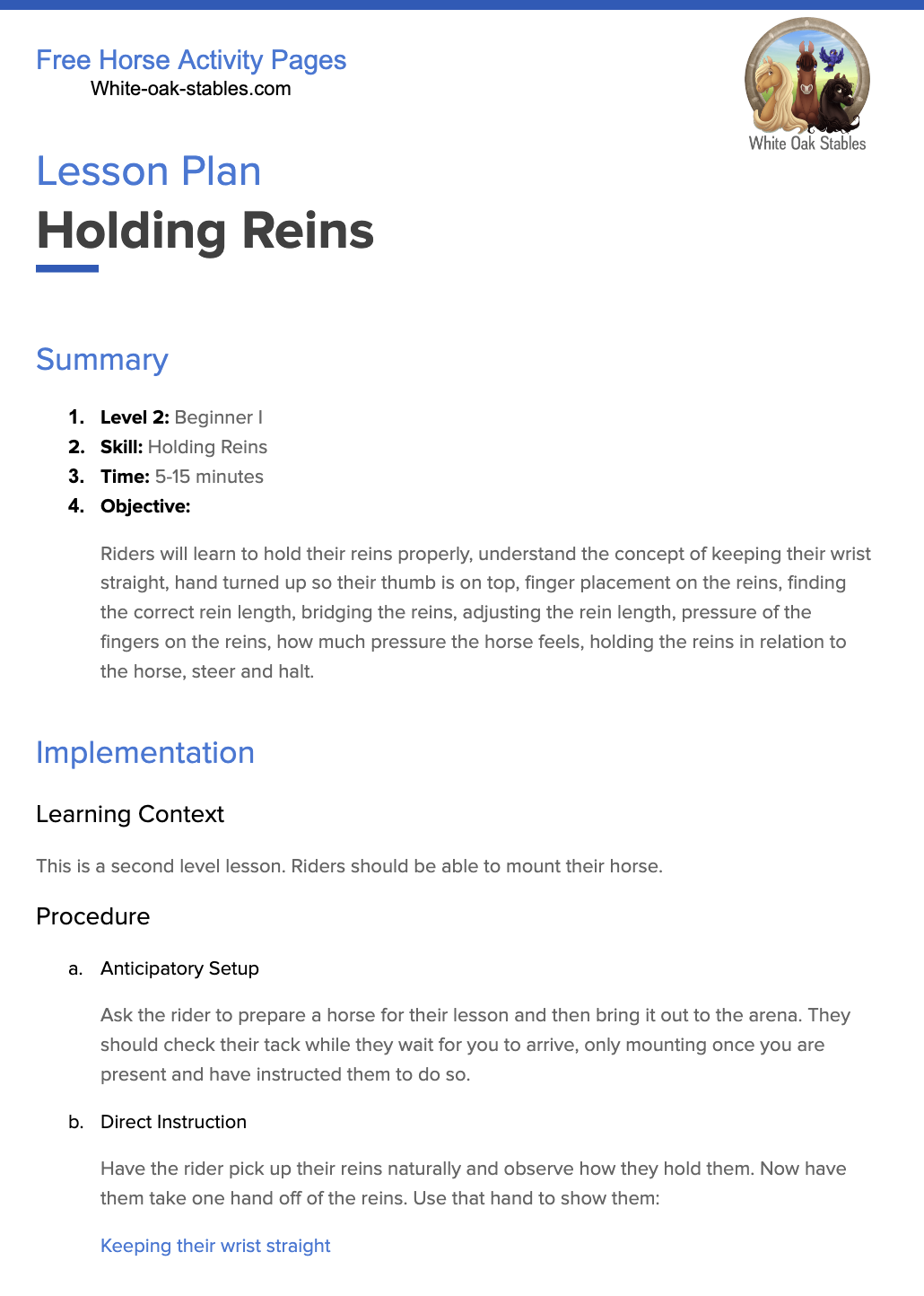 Lesson Plan – Holding the Reins