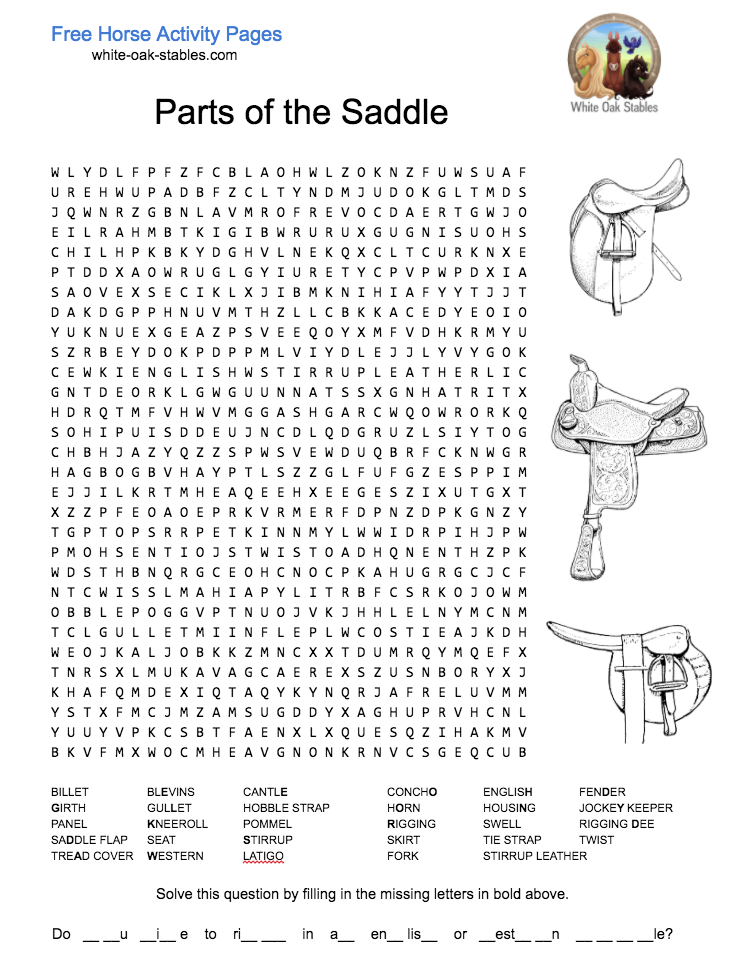 Parts of the Saddle Word Search – Activity Page
