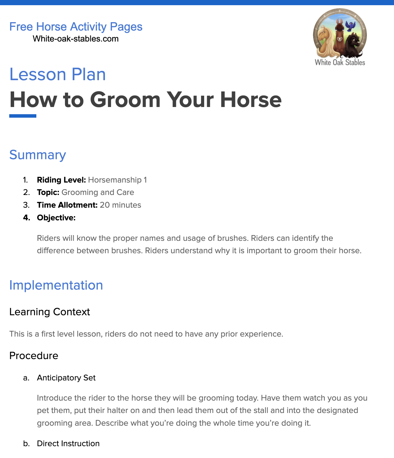 Lesson Plan – How To Groom Your Horse