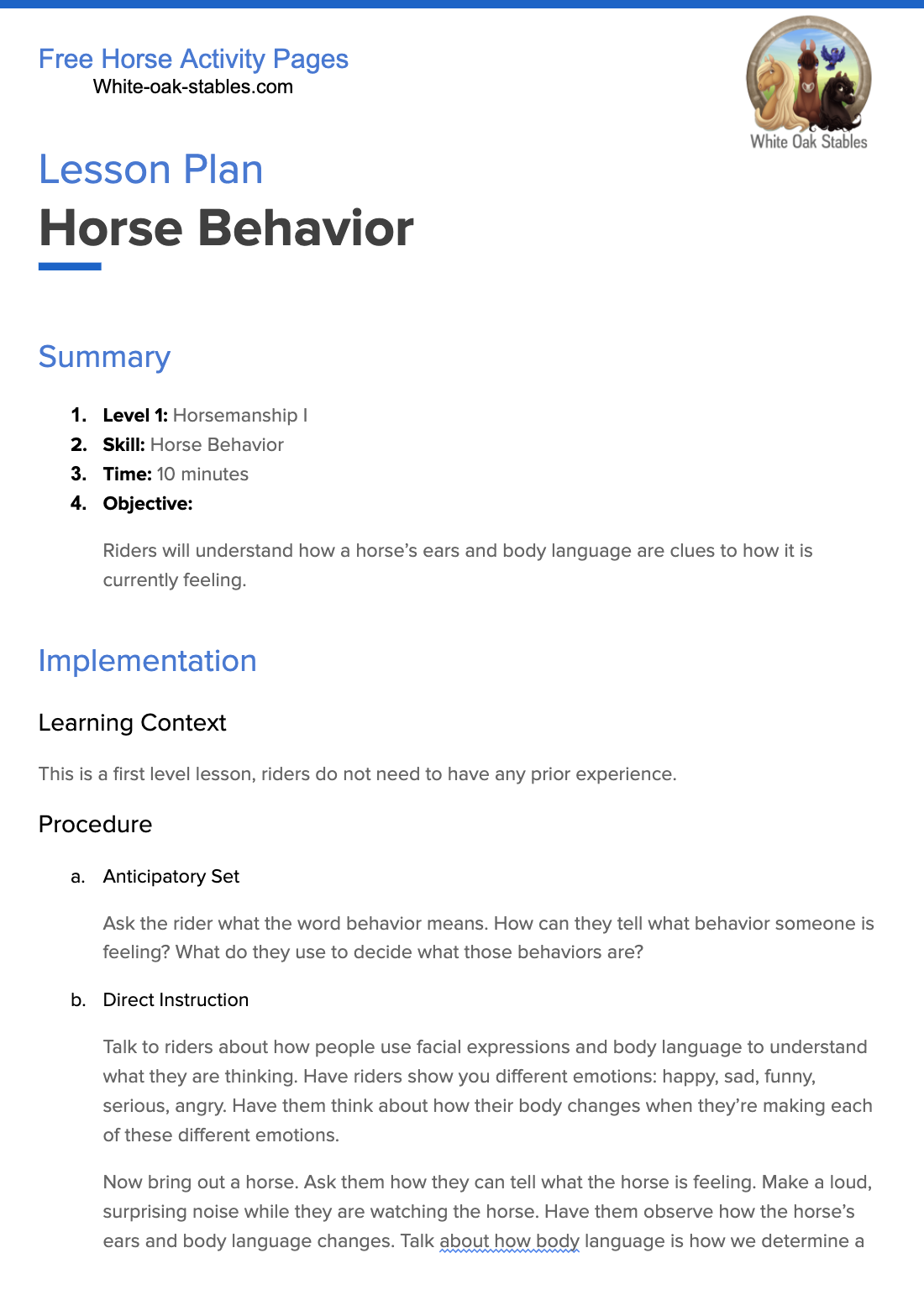 Lesson Plan – Horse Behavior