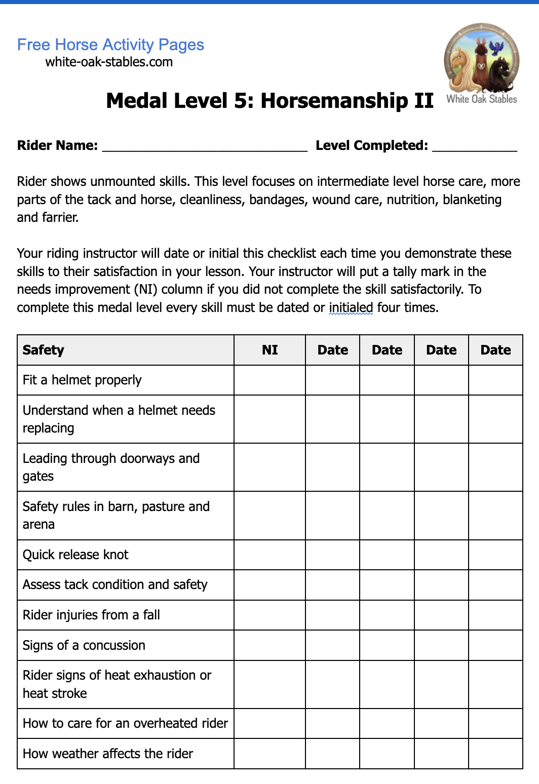 Rider Medals – Level 5: Horsemanship II Checklist