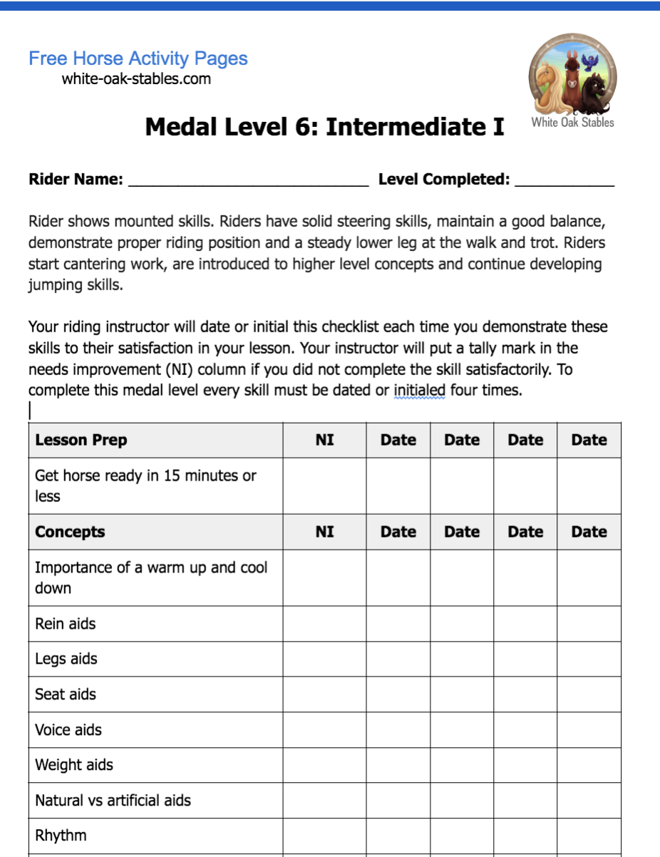 Rider Medals – Level 6: Intermediate I Checklist