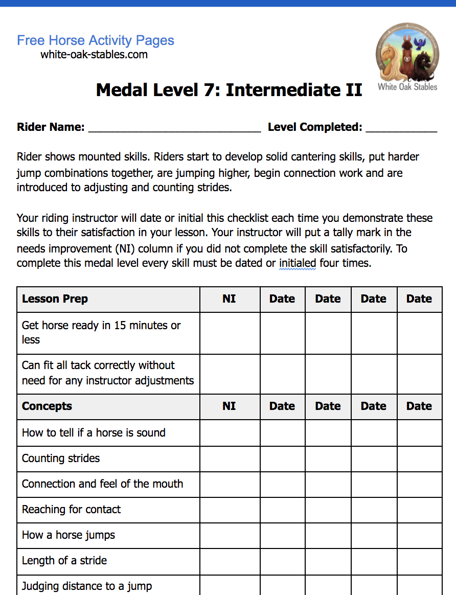Rider Medals – Level 7: Intermediate II Checklist