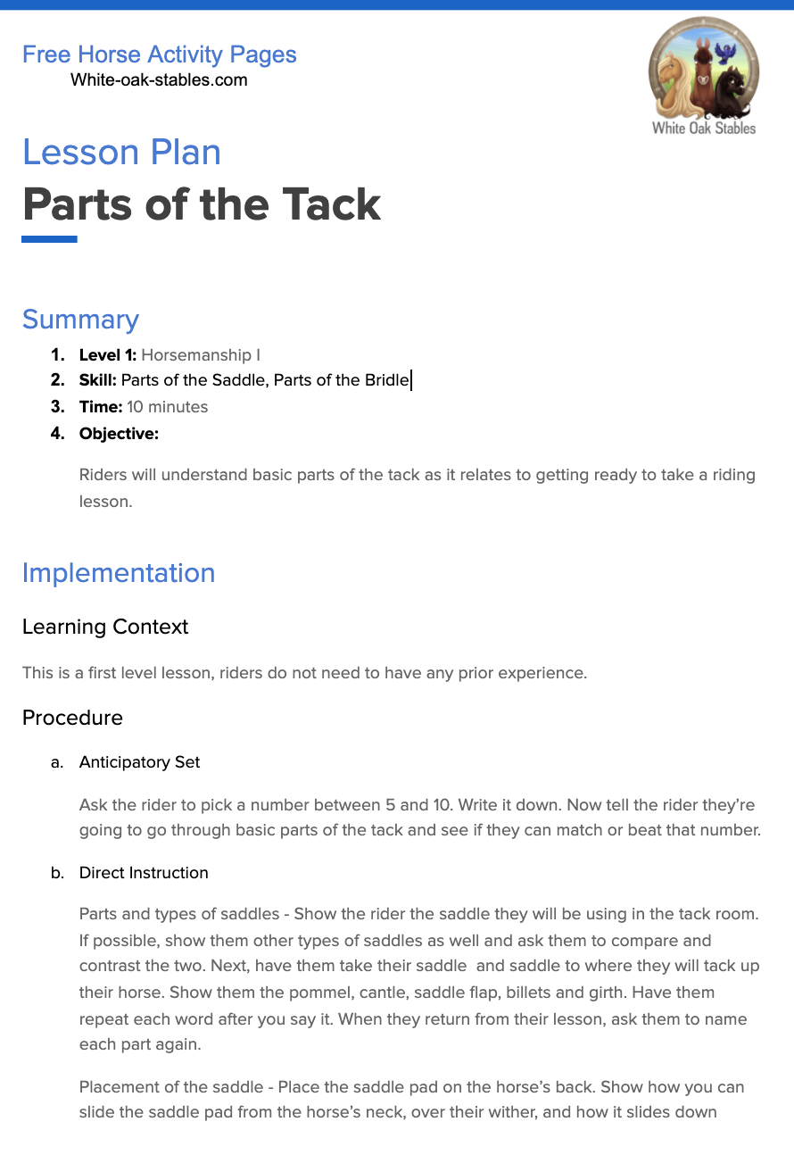 Lesson Plan – Parts of the Tack