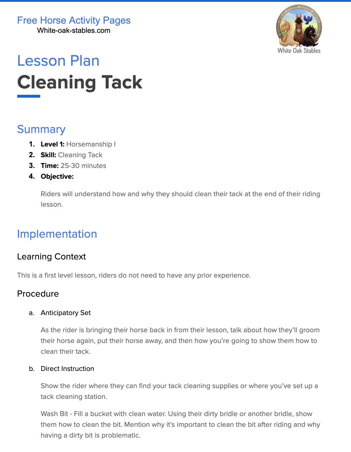 Lesson Plan – Cleaning Tack