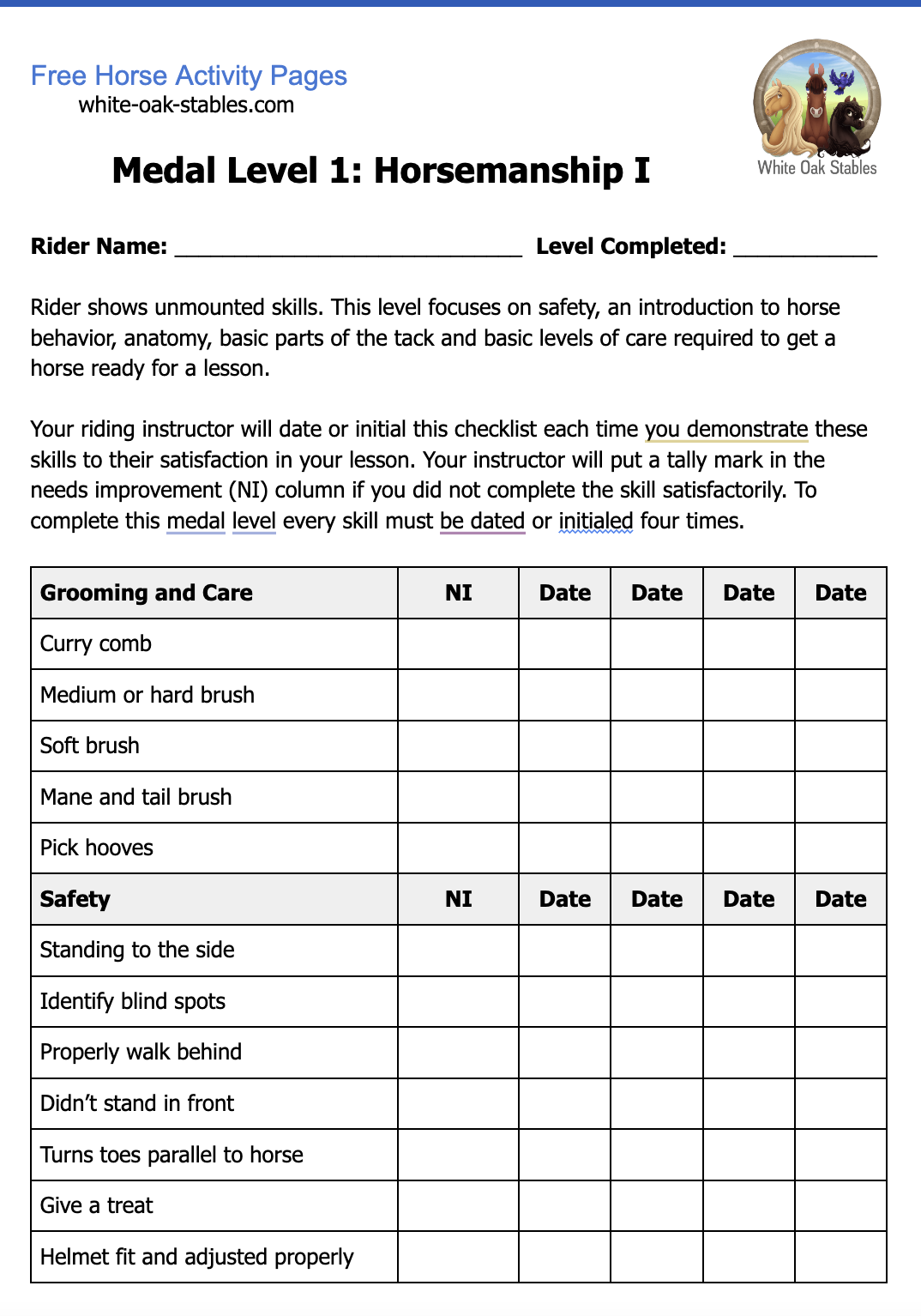 Rider Medals – Level 1: Horsemanship I Checklist